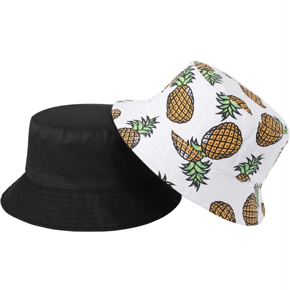 Reversible Black Bucket Hat with Smiley Patch and Pineapples